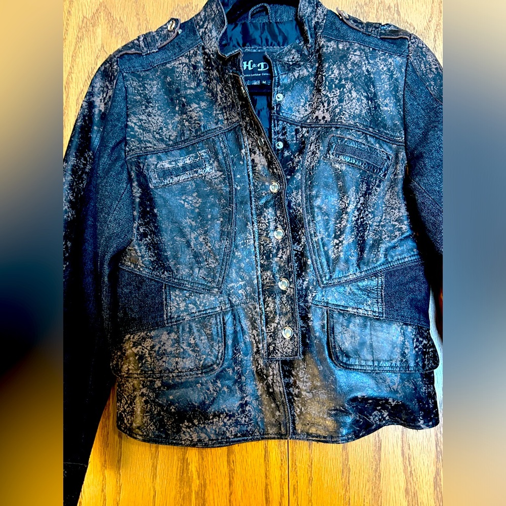 H&D Classic Leather Collection Womens Large Leather Denim Biker Style Jacket
